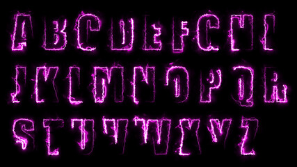3D rendering glow effects of the contours of the uppercase letters of the English alphabet on a black background. Neon design elements