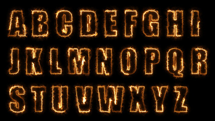 3D rendering glow effects of the contours of the uppercase letters of the English alphabet on a black background. Neon design elements