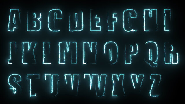 3D rendering glow effects of the contours of the uppercase letters of the English alphabet on a black background. Neon design elements