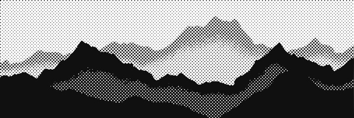 Imitation of a mountain landscape, banner, shades of gray. Vector halftone dots background, fading dot effect. 