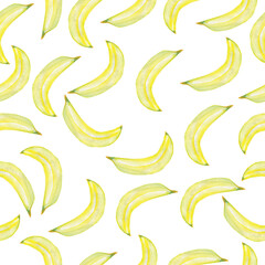 Watercolor seamless banana pattern on white background. Hand drawn fresh food design elements.