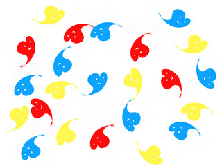 Red, blue and yellow hearts character drawn by hand. Pattern. Digital illustration. White background