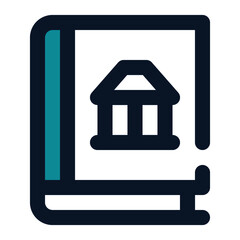 icon book to study history and building using filled line style and blue color