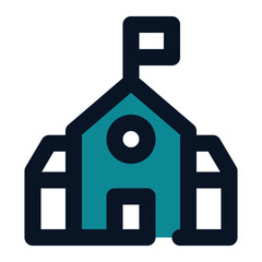 icon school building using filled line style and blue color