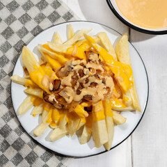 Animal style fries with cheese and caramelized onion on white background