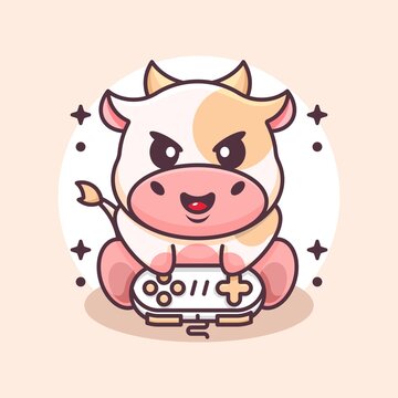 Cute cow playing gaming cartoon