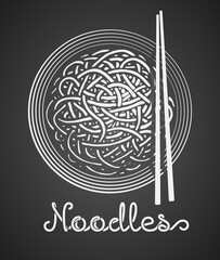 Plate of Chinese noodles and chopsticks in top view with Noodles text on black background