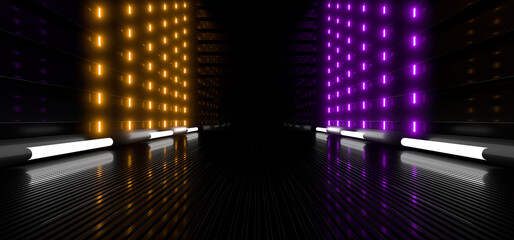 Sci Fy neon lamps in a dark hall. Reflections on the floor and walls. 3d rendering image.