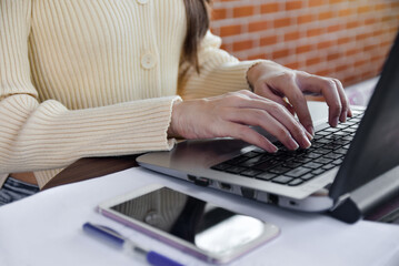 Fototapeta premium Women working at home, work from home freelance , Woman work computer online at home