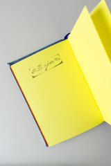 message in French (bonjour) stamped in black ink on lemon yellow paper in an open blank book - photographed from above © eugen