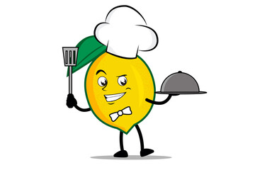 Lemon Cartoon mascot or character as a chef holding the spatula and serving plate