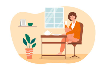 Female character is sitting in the kitchen and drinking tea alone
