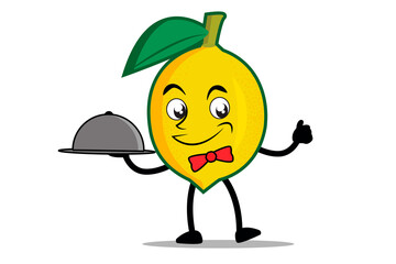 Lemon Cartoon mascot or character as a waitress holding a serving plate