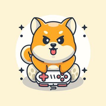 Cute shiba inu dog playing gaming cartoon