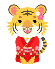 2022年　寅年　挨拶する着物のトラ