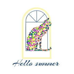 Hello, summer! Vector colorful illustration with a beautiful cat. Flowers along the contour of the cat