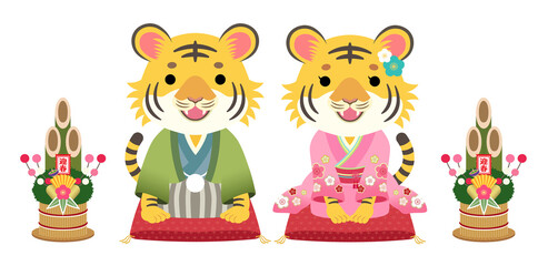 2022年　寅年　挨拶する和装のトラのペア【座布団】