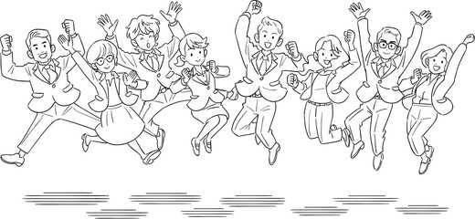 ジャンプする8人のビジネスチーム
