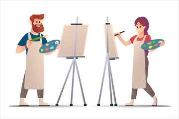 Male and female artists painting on canvas character cartoon illustration