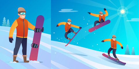 Winter snowboarder character with different jump poses illustration