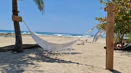 Hammock on a white sand beach with palm trees