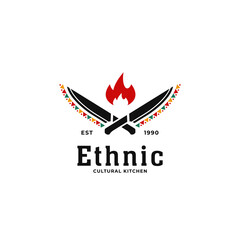 Ethnic traditional african cultural kitchen soul restaurant logo with knife and hot fire icon