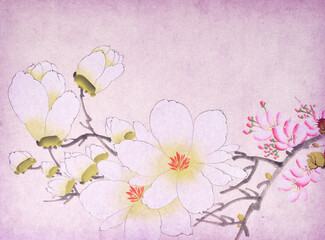 traditional chinese painting of blossoming magnolia tree
