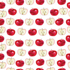 Watercolor seamless apple pattern on white background. Hand-drawn fresh food design elements. Bright interior and graphic design.