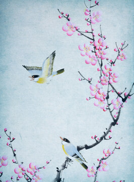 Traditional Chinese painting of flowers and two birds