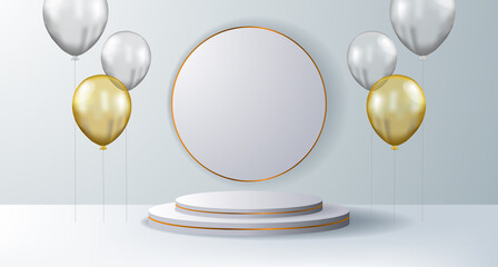 3d elegant luxury cylinder podium product display with flying helium golden and silver transparent balloon with white background
