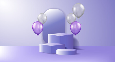 3d geometric podium product display with flying helium purple and silver transparent balloon with purple pastel background color