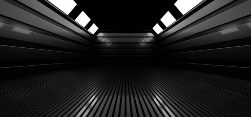 Naklejka premium A dark hall lit by white neon lights. Reflections on the floor and walls. 3d rendering image.