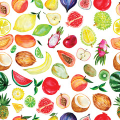 Watercolor seamless fruit pattern on white background. Hand drawn fresh food design elements. Bright interior and graphic design. Printing for textiles.