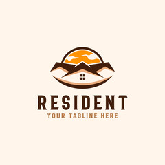 Roof House with Sunset Logo Template Vector Illustration