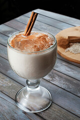 Horchata or rice drink, cold drink made with rice cinnamon milk a touch of vanilla and sugar, Mexican clasic drink