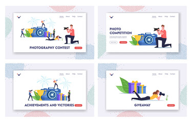Obraz na płótnie Canvas Photo Contest Landing Page Template Set. Characters Take Part in Photography Competition, Professional Tournament