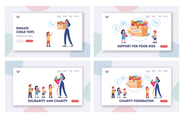 Obraz na płótnie Canvas Charity Foundation Landing Page Template Set. Woman Giving Toys to Orphans around Donation Box, Help to Poor Kids.