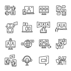 Fototapeta premium Collection of simple online meeting icon vector illustration. Self isolation, webinar, e learning