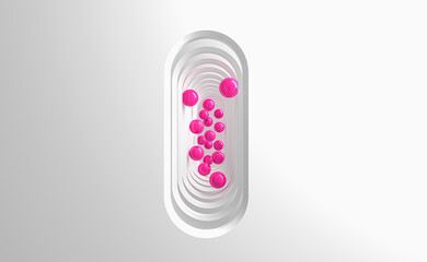 Abstract concept on the topic of menstruation. A lot of red balls flying out of the gallery of arches, symbolizing the female vagina. 3d illustration
