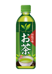 お茶のペットボトルのイラスト。The character is Japanese. The title "green tea". It means "the good quality" under right, "the taste of the tradition" and the left.