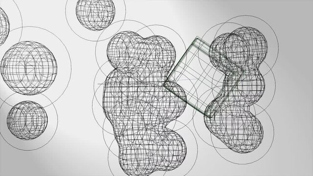 3d animation, many metaspheres with one cube on grey background (wire-framed)
