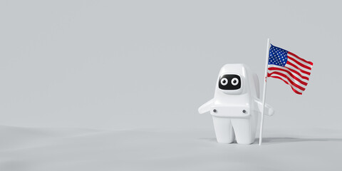 Cute 3d robot cartoon astronaut on white background. Bot holding American flag.