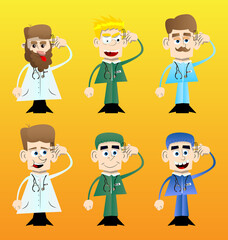 Funny cartoon doctor shows a you're nuts gesture by twisting his finger around his temple. Vector illustration. Health care worker with silly hand sign.