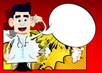 Funny cartoon doctor shows a you're nuts gesture by twisting his finger around his temple. Vector illustration. Health care worker with silly hand sign.