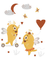 A pair of cute yellow monsters. Fantastic characters with wings - monster girl with a balloon and a boy on a scooter. Vector illustration. Kids collection For childrens cards, design, decor and print