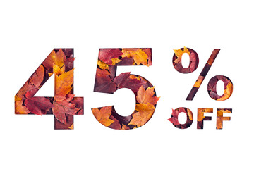 Paper cut 45 percent off text filled with texture of yellow and red autumn fall maple leaves...