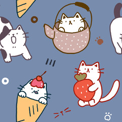 Seamless Pattern with Cartoon Cat Illustration Design on Deep Blue Background