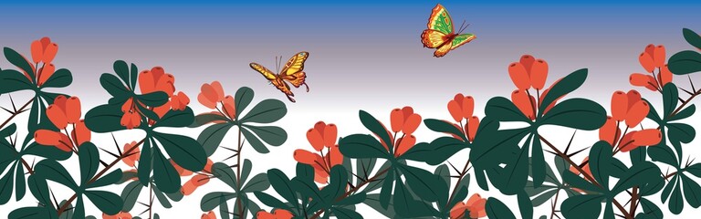 Beautiful floral background, panorama. Leaves, colorful flowers, caterpillars, butterflies. Bright spring and summer set for cover social network, banner, invitation, wedding. Vector illustration.
