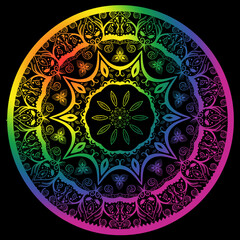 Mandala with rainbow, pride colors hand drawn with black background