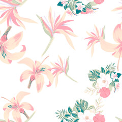 Pink Pattern Design. White Seamless Foliage. Gray Tropical Leaf. Wallpaper Background. Drawing Nature. Summer Design. Garden Art. Decoration Foliage.